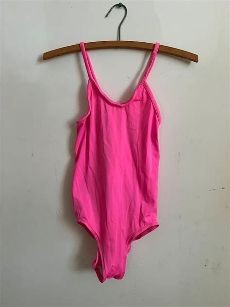 1980s 90s Hot Pink Girls One Piece Tank Swimsuits Est Gem