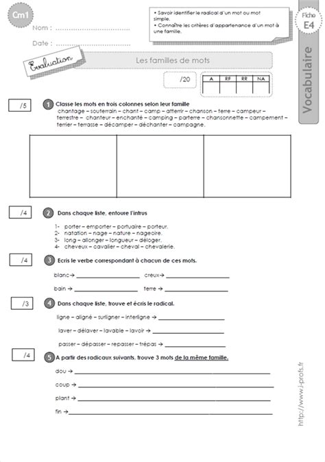 les familles de mots ce2 évaluation