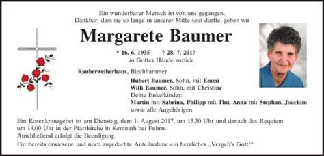 Traueranzeigen Von Margarete Baumer Mittelbayerische Trauer