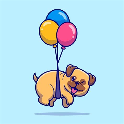 Perro Pug Lindo Flotando Con Globo Dibujos Animados Vector Icono