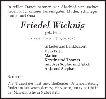 Traueranzeigen Von Friedel Wicknig Sh Z Trauer