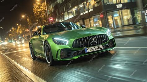 Premium Psd A Green Mercedes Amg Gt R Racing Away In The Streets Of