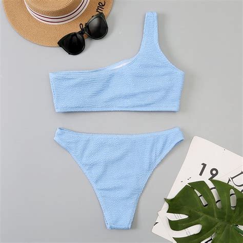 Bikini One Shoulder Delig Blauw Wavy Bikini Set Zomer