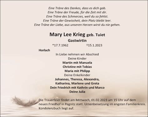 Traueranzeigen Von Mary Lee Krieg Trauer Nn De