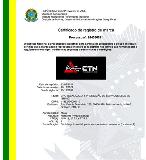 CTN TECNOLOGIA CNC MARCA REGISTRADA CLASSE 07 Arena Marcas E Patentes