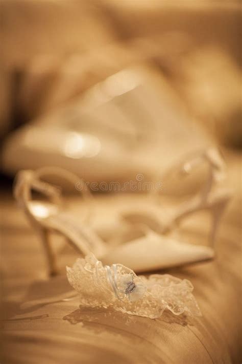 Bridal Garter Belt Lingerie Wedding Shoe Of Bride On Bed Stock Photo Image Of Gold Beauty