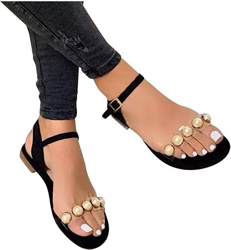 Sandalen Damen Elegant Flache R Mische Schuhe Retro Mit Strass Perlen