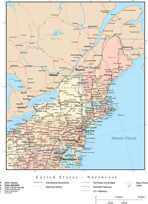 usa northeast region map  state boundaries highways  cities