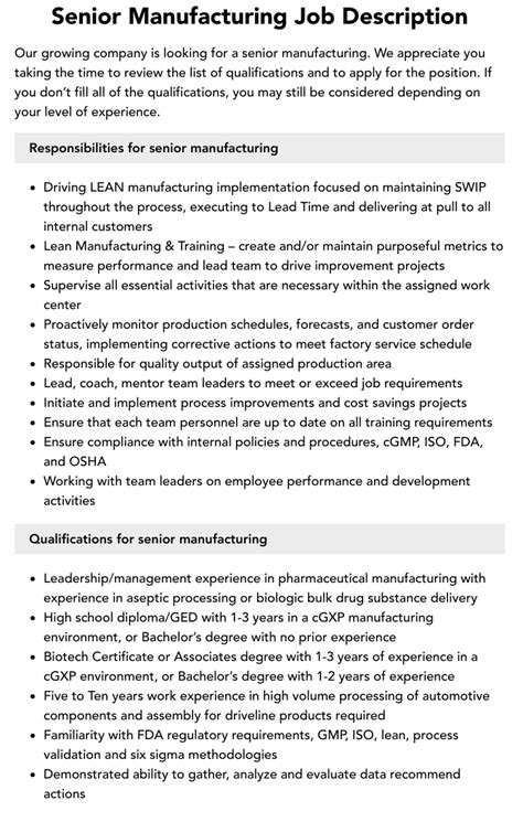 Senior Manufacturing Job Description Velvet Jobs