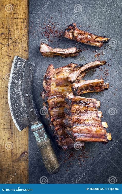 Barbecue Pork Spare Loin Ribs St Louis Cut With Hot Chili Marinade On A