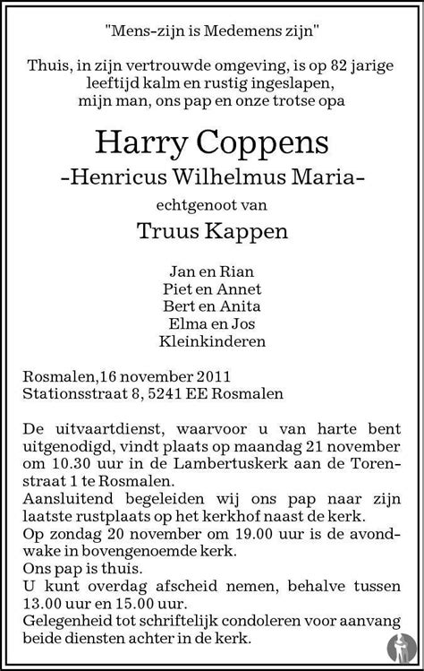 Henricus Wilhelmus Maria Harry Coppens Overlijdensbericht