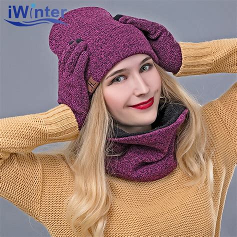 IWINTER 3 Pieces Set Women Winter Hat And Gloves Sets Cotton Unisex Hat