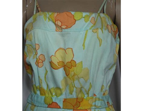 1950s Playsuit Swimsuit With Floral Pattern Aqua Yellow Peach Gold By