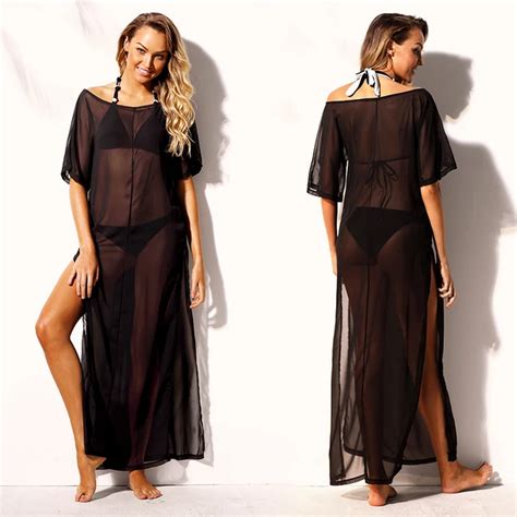 See Through Long Beach Dress 2018 Black Sheer Mesh Drop Shoulder Cover