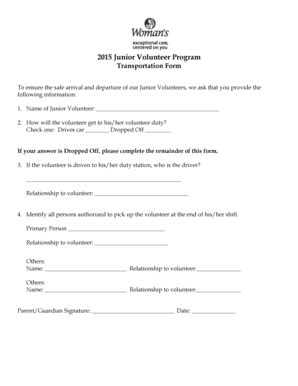 Fillable Online 2015 Junior Volunteer Program Transportation Form