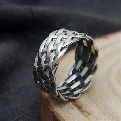 Mens Plain Silver 925 Rings Woven Braided Band 925 Sterling Silver ...