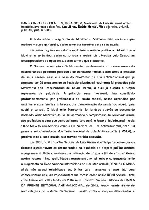 Pdf Resenha Texto Movimento Da Luta Antimanicomial