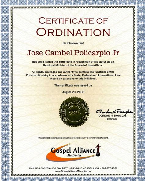 Printable Pastor Ordination Certificate Template