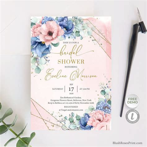 Dusty Blue Bridal Shower Invitation Template Dusty Pink Rose Etsy Blush Wedding Invitations