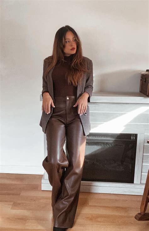Brown Leather Pants Outfit, Tailored Pants Outfit, Brown Outfit, Brown ...