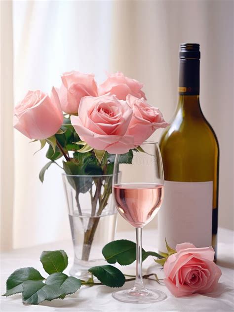 Glass Of Rose Wine And Bouquet Of Pink Roses Stock Illustration Illustration Of Romantic