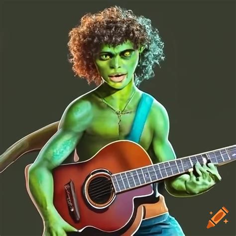 Vance Joy As A Green Lizard Man With Curly Brown Hair Holding A Guitar