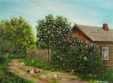 Картина маслом Деревенский пейзаж. Сады цветут, весенний пейзаж, куры в ...