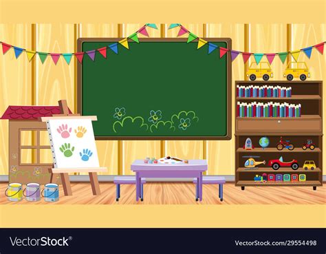 Classroom With Chalkboard And Bookshelf Royalty Free Vector