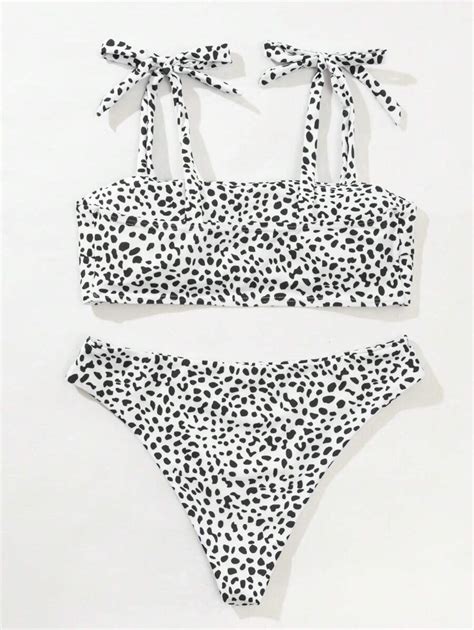 Shein Swim Dalmatian Bikini Set Tie Shoulder Bra Bikini Bottom