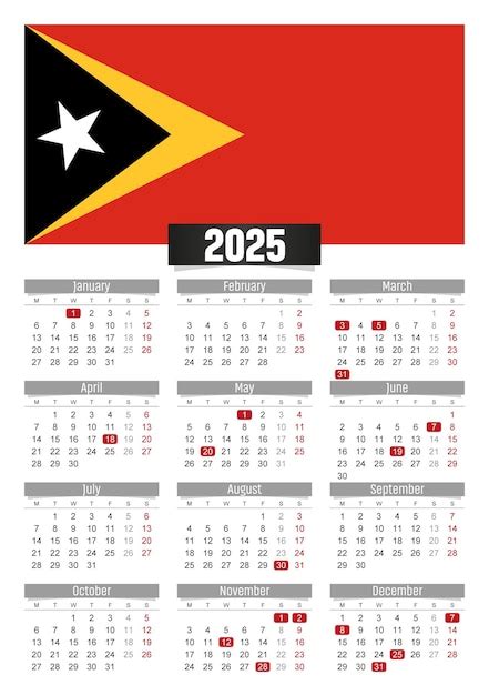 Premium Vector | New year 2025 calendar with Timor Leste flag and