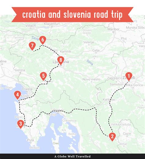 Croatia + Slovenia road trip itinerary map - A Globe Well Travelled