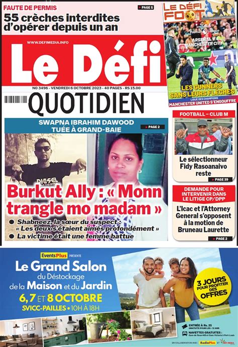 Voici la une du Défi Quotidien de ce Vendredi 06 Octobre 2023 Defimedia