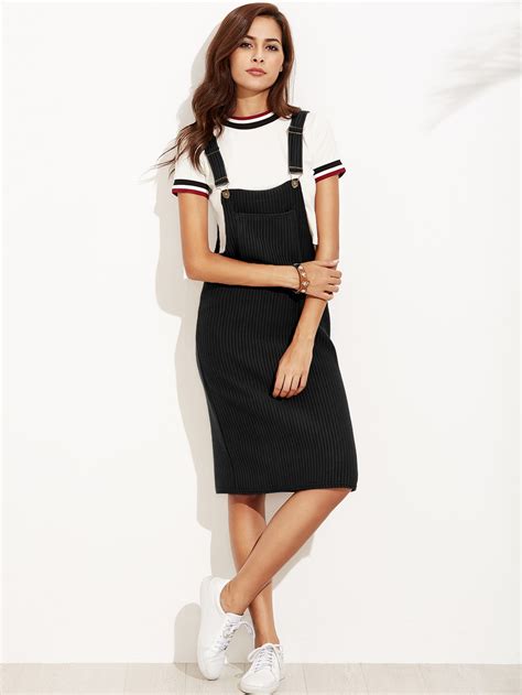 Ribbed Dungaree Dress With Pocket Shein Sheinside