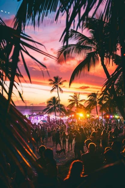 A Crowd Of People Are On A Beach With A Sunset In The Background