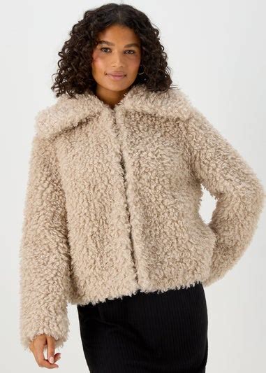 Beige Faux Fur Short Collar Jacket Matalan