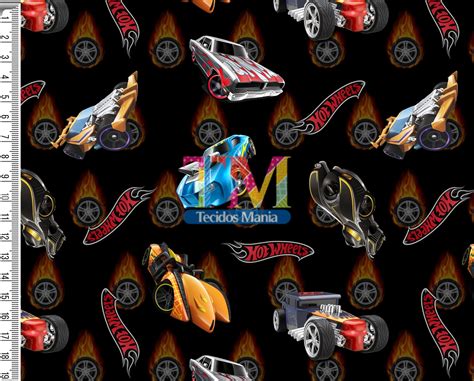 Tecido Tricoline Microfibra Ou Gabardine Estampado Hot Wheels Corrida Fundo Preto