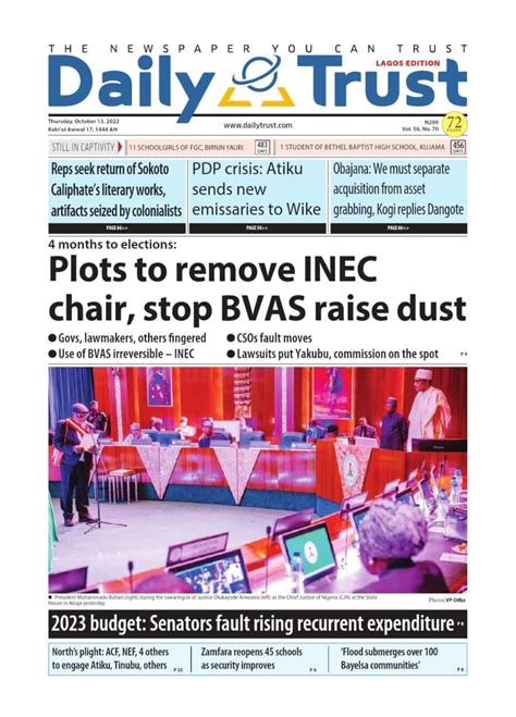 Nigerian Newspapers Daily Front Pages Review Thursday 13th October 2022