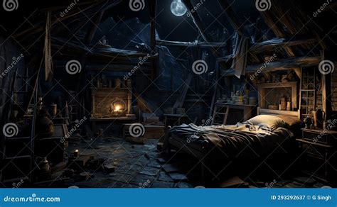 A Night Scene of a Spooky Bedroom Interior in a Haunted House Stock ...