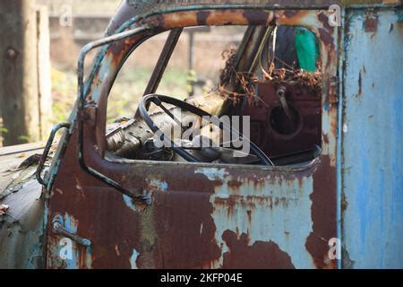 An Abandoned Truck Rusts The Paint That Was Blue Peels Off And