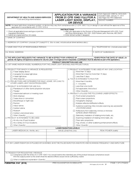 Form Fda Application For A Variance Form Cfr C Free