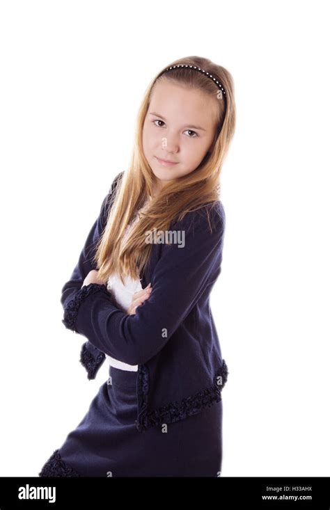 Cute Schoolgirl In Uniform Isolated Stock Photo Alamy