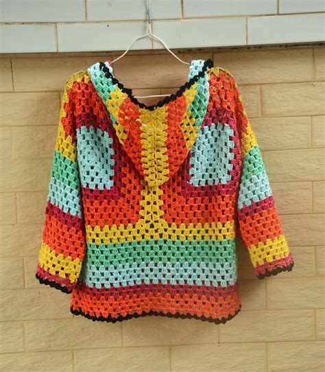 Hooded Granny Square Crochet Cardigan Sweater Blouse Tops Long Sleeve