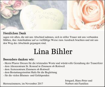 Traueranzeigen von Lina Bihler Schwarzwälder Bote Trauer