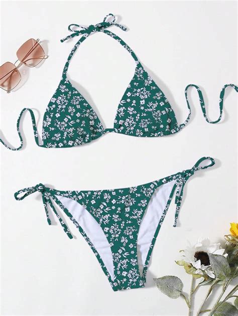 SHEIN Swim Bañador bikini floral triángulo con cordón lateral Moda de Mujer SHEIN México