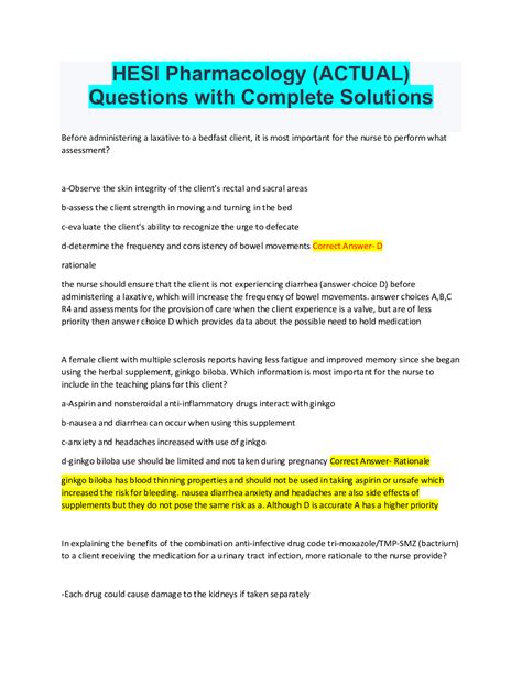 Hesi Pharmacology Actual Questions With Complete Solutions In