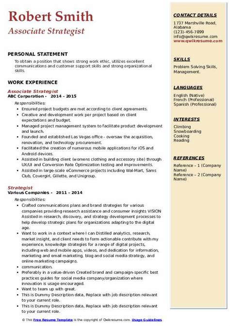 Strategist Resume Samples Qwikresume