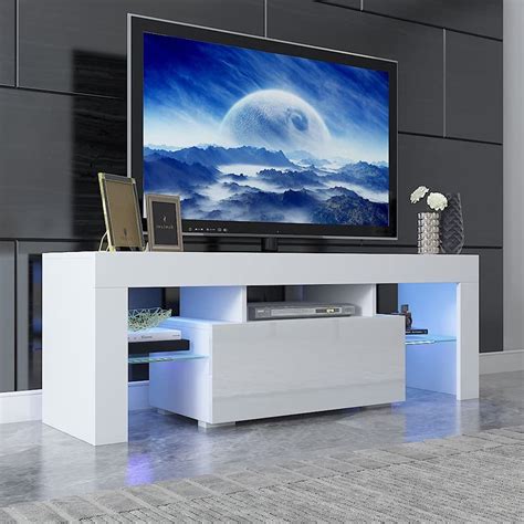 Uhomepro Modern White Tv Stand Cabinet With Rgb Led Lights Television