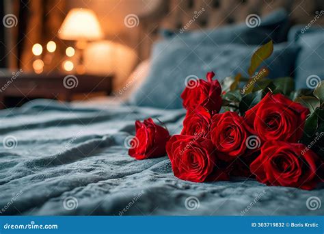 Valentine S Day Elegance: Luxurious Bedroom with Red Roses Bouquet on ...