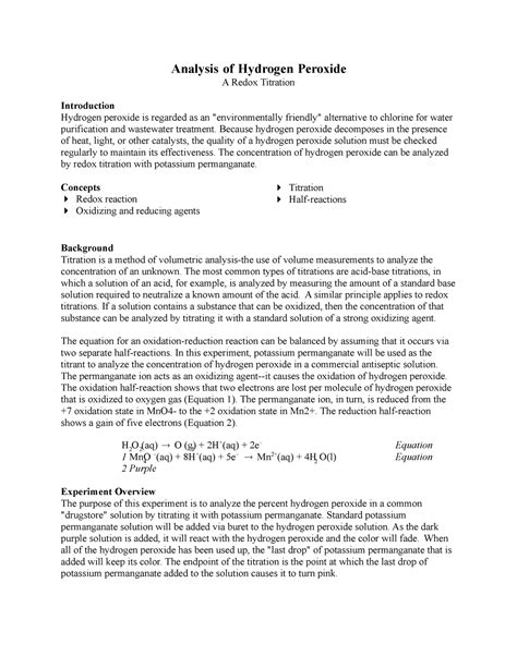 Analysis Of Hydrogen Peroxide A Redox Titration Analysis Of Hydrogen