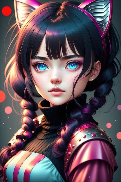 Una Hermosa Chica De Anime Con Cabello Negro Ojos Rojos Orejas De Gato